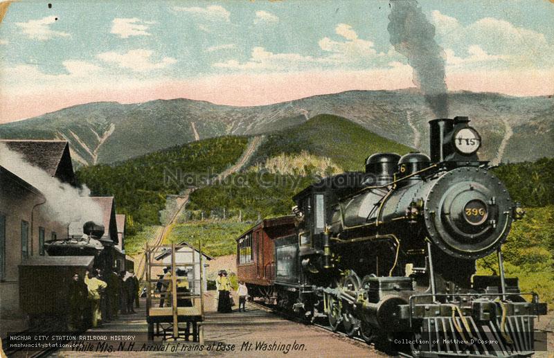 Postcard: White Mountains New Hampshire, Arrival of trains at Base, Mt. Washington